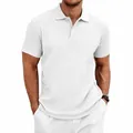 Close-up detail of a white men's short-sleeved polo shirt with vertical knit texture - S / Tops / White