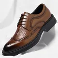 Men's brown leather brogue shoe with crocodile texture and thick black rubber sole - 38 / Four Seasons Style (82135-1) / Brown