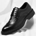 Black men's Brogue leather shoes featuring embossed crocodile pattern and pointed toe - 38 / Four Seasons Style (82135-1) / Black