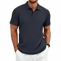Detail of navy blue cable knit polo shirt featuring sophisticated jacquard texture - S / Tops / Navy Blue