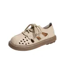 Beige Retro flache Schuhe mit feinen Ausschnitten, weicher Sohle und Schnürung - Aprikose