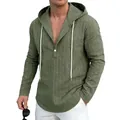 Détail de chemise à capuche en lin rayé vert avec cordon de serrage et demi-patte - Vert Militaire