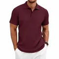 Detailed view of men's burgundy knitted jacquard short-sleeve polo shirt with texture - S / Tops / Burgundy