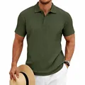 Detail view of olive green knit polo shirt featuring an elegant herringbone texture. - S / Tops / Army Green