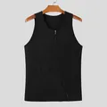 Close-up of men's ribbed black tank top with diagonal full zipper design - S / Tops / Black