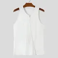 Detailed view of men's white ribbed tank top with unique asymmetrical zipper closure - S / Tops / White