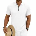 Detail of men's white knit polo shirt featuring vertical texture and zipper closure - S / Tops / White