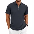 Detailed close-up view of the charcoal knit texture on a men's casual zip-up polo shirt - S / Tops / Navy Blue