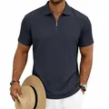Detail view of men's short sleeve knit polo shirt with cable texture and quarter zip - S / Tops / Navy Blue