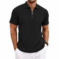 Close-up of men's casual black knit texture polo shirt with stylish zipper closure - S / Tops / Black