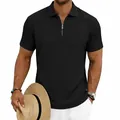 Close-up of black men's polo shirt featuring a textured knit fabric and metal quarter-zip. - S / Tops / Black