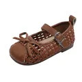 Elegant girls' brown woven hollow-out sandals featuring a bow and adjustable buckle strap - Size 21 Inner Length 13.5CM / Brown