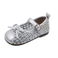 Elegant silver woven hollowed Mary Jane sandals for girls featuring a cute bow detail - Size 21 Inner Length 13.5CM / Silver