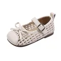Elegant cream woven hollow girls' sandals with bow detail and adjustable buckle strap - Size 21 Inner Length 13.5CM / Beige