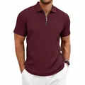 Detail view of men's burgundy knit Polo shirt showing textured vertical patterns - S / Tops / Burgundy