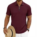 Detail of men's burgundy knitted texture polo shirt with stylish zipper collar - Burgundy