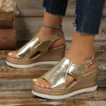 Stylish women's gold metallic wedge sandals with peep toe and buckle ankle strap - Gold