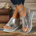 Stylish silver metallic wedge sandals with cutout peep-toe design and platform sole - Silver