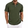 Detail of men's knitted polo shirt in olive green showing zipper and ribbed texture - S / Tops / Army Green