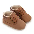 Comfortable brown suede baby walking shoes for infants with soft soles and lace-up style - Dark Brown