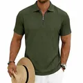 Close-up of olive green knit polo shirt with vertical textured ribbing and zipper. - Army Green