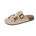 Retro beige closed-toe clogs for women featuring cute 3D bear charms and comfortable cork sole - 36 / Off White