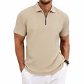 Close-up of men's beige knit polo shirt featuring vertical texture and metal zipper - S / Tops / Khaki