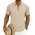 Close-up view of men's khaki knitted polo shirt with vertical texture and metal zipper - S / Tops / Khaki