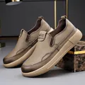 Mocassins de luxe en cuir grainé kaki avec semelle souple épaisse pour hommes - Khaki