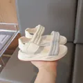 Elegant white girls' sandals featuring sparkling rhinestone straps and soft thick soles. - 26 / Beige