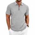 Men's grey casual short sleeve knitted polo shirt with front zipper and cable texture - S / Tops / Light Gray