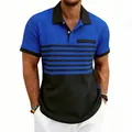Détail d'un polo pour homme en maille gaufrée bleu et noir avec rayures - Bleu saphir