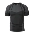 Men's black compression t-shirt with grey honeycomb pattern for gym and sports - S / Tops / Black