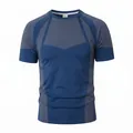 Professional men's compression short sleeve t-shirt in blue with athletic honeycomb print - S / Tops / Navy Blue