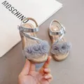 Silver girls princess sandals with mesh flower decorations and adjustable buckle strap - Size 23 Insole 15.5cm / Silver