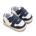 Detail of navy blue and white baby walking shoes with dual velcro straps and soft sole - Dark Blue
