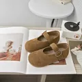 Brown suede Mary Jane shoes for toddler girls featuring soft soles and adjustable buckles - Size 23 / Inner Length approx 14.5 / Camel