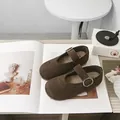Elegant brown suede Mary Jane shoes for toddler girls on a styled magazine background - Size 23 / Inner Length approx 14.5 / Brown
