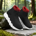 Stylish children's black sock sneakers with red ribbed collar and thick white wavy sole. - 26 / Black Red