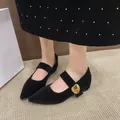 Nahaufnahme schwarzer Wildleder-Mary-Janes mit spitzer Kappe und Gold-Schnalle - Schwarz