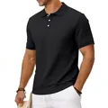 Gedetailleerde weergave van de zwarte slim-fit polo voor heren met jacquard-textuur - Zwart