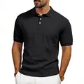 Close-up of black men's polo shirt with textured jacquard herringbone pattern - S / Tops / Black