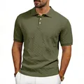 Macro detail of olive green men's Polo shirt showing herringbone jacquard texture - S / Tops / Army Green