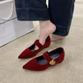 Nahaufnahme von roten Mary Jane-Schuhen aus Samt mit eleganter goldener Schnalle - Burgunderrot
