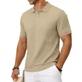 Detail van khaki getextureerd jacquard poloshirt voor heren met slim fit pasvorm - Khaki