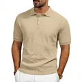 Men's premium slim fit polo shirt featuring a textured jacquard herringbone pattern in khaki - S / Tops / Khaki