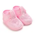 Soft-soled pink and white striped infant baptism shoes with embroidered heart detail - Pink and White Striped Heart Embroidery Style (K-18) / 9CM Bottom Length / Pink White Stripes