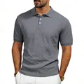 Close-up of grey short sleeve slim fit polo shirt with zigzag jacquard texture - Dark Gray