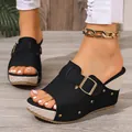 Comfortable black wedge sandals featuring rivet accents and adjustable velcro straps for summer - 35 / Black