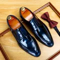 Polished blue patent leather men's dress shoes in a classic British formal style - 37 / Blue